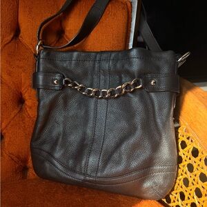 Black Leather Shoulder Bag with Chain Detail
